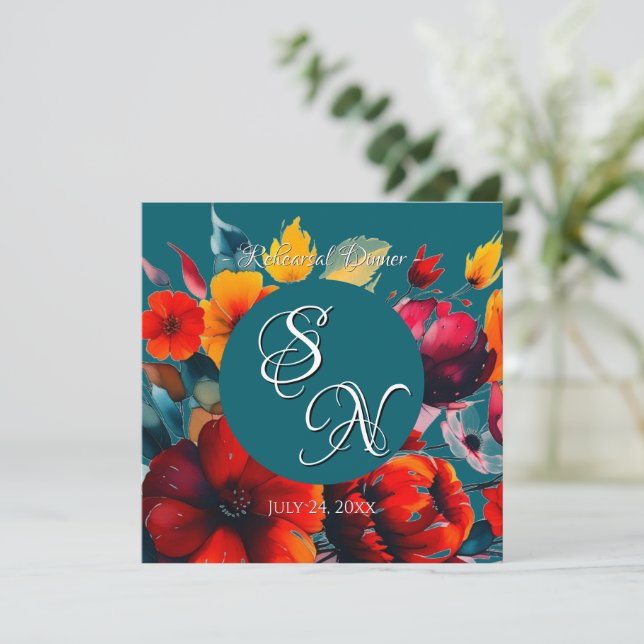 Teal Bouquet Wedding Rehearsal Invitation (Standing Front)