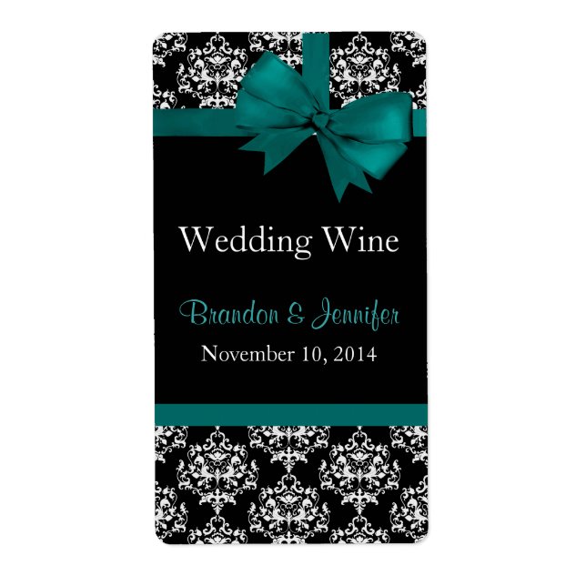 Teal Bow and Damask Wedding Mini Wine Labels (Front)