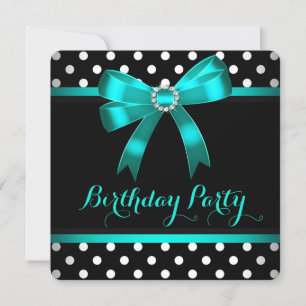 Teal Bow Black White Polka Dots Birthday Party Invitation