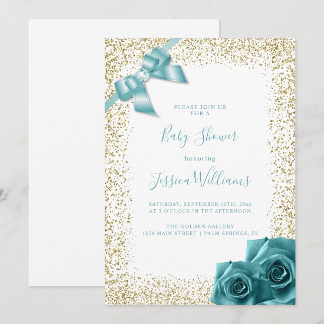 Teal Bow & Roses Gold Glitter Baby Shower Party Invitation (Front/Back)