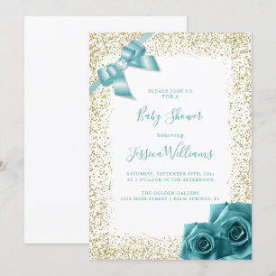 Teal Bow & Roses Gold Glitter Baby Shower Party Invitation