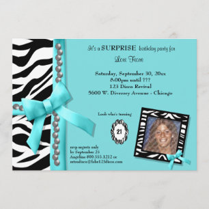 Teal Bow With Pearls And White Zebra Stripes Invitation