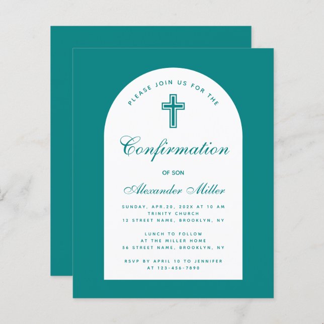 Teal Boy Confirmation White Arch Budget Invitation (Front/Back)