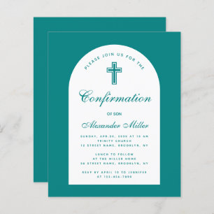 Teal Boy Confirmation White Arch Budget Invitation