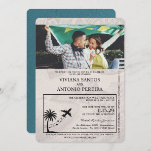 Teal Brazil Passport Wedding Invitation