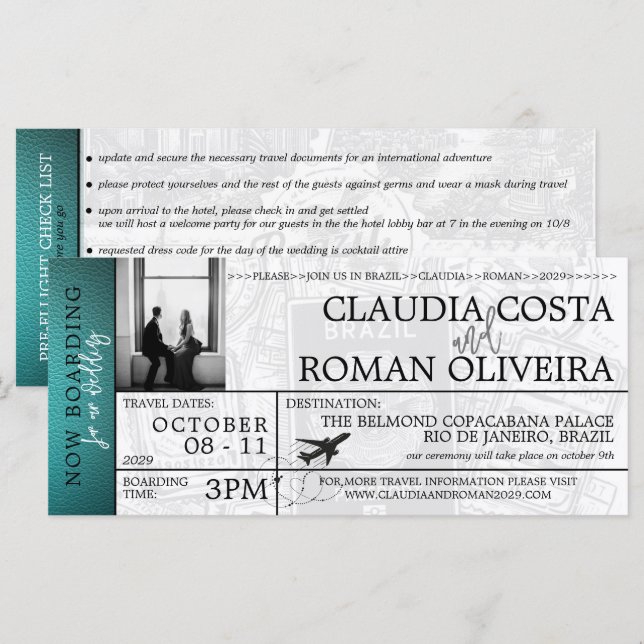 Teal Brazil Wedding Boarding Pass Invitation (Front/Back)