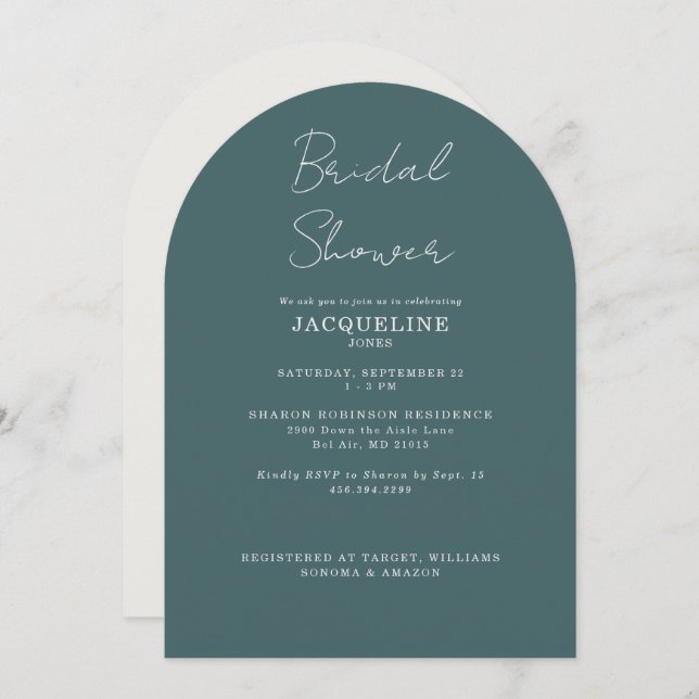 Teal Bridal Shower Arched  Invitation (Front/Back)