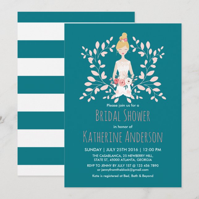 Teal Bride Wedding Dress Bridal Shower Invitation (Front/Back)