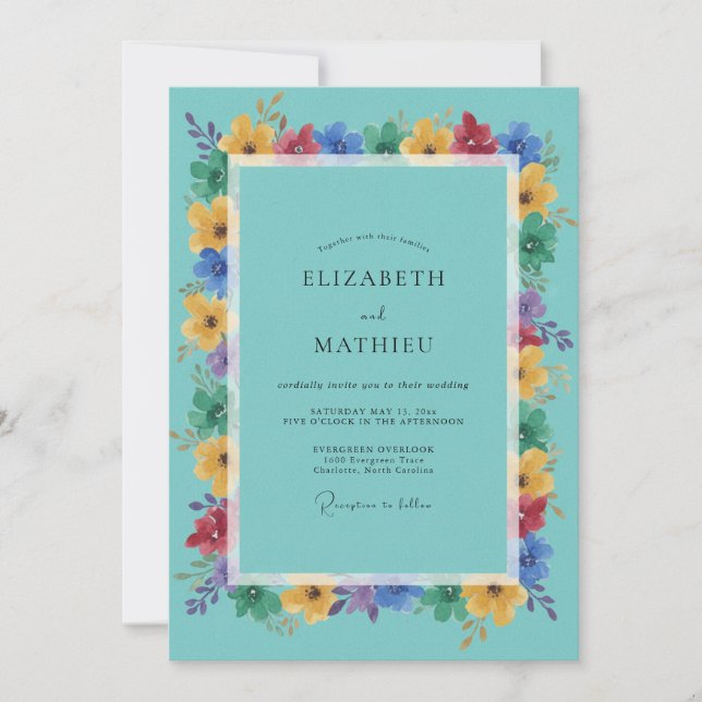 Teal Bright Floral Flourish Wedding Invitation (Front)