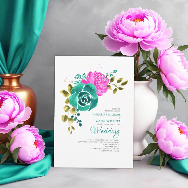 Teal Bright Pink Floral Wedding  Invitation (Creator Uploaded)