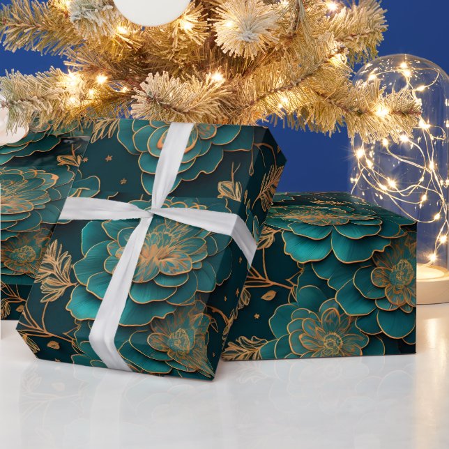 Teal & Bronze Floral Wrapping Paper (Holidays)