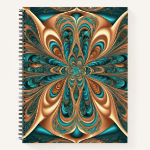 Teal & Bronze Luxe Bloom   Abstract Fractal Spiral Notebook