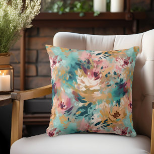 Teal Brown Abstract Painting Floral Pattern Cushion