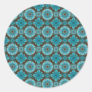 Teal Brown Abstract Tile Pattern Classic Round Sticker