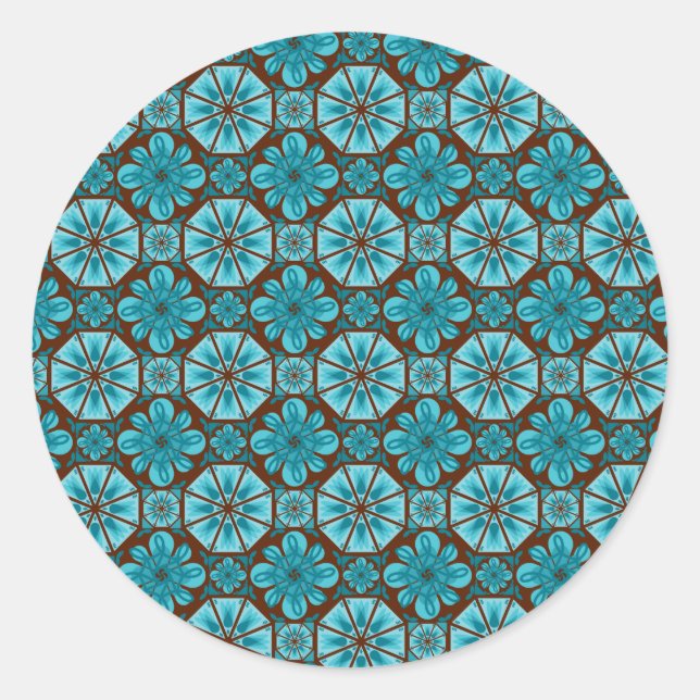 Teal Brown Abstract Tile Pattern Classic Round Sticker (Front)