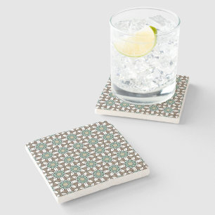 Teal, brown and white geometric pattern  stone coaster