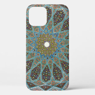 Teal, brown, and yellow floral kaleido artwork iPhone 12 case