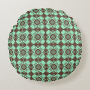 Teal Brown Checker Argyle Pattern Round Cushion