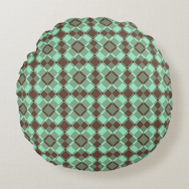 Teal Brown Chequered Argyle Pattern Round Cushion (Front)