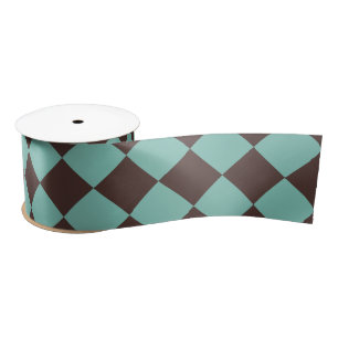 Teal Brown Chequered Diamond Pattern Satin Ribbon