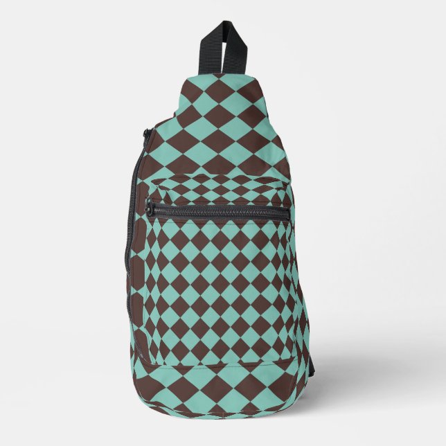 Teal Brown Chequered Diamond Pattern Sling Bag (Front)