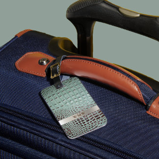 Teal Brown Digital Leather Titanium Metal Monogram Luggage Tag
