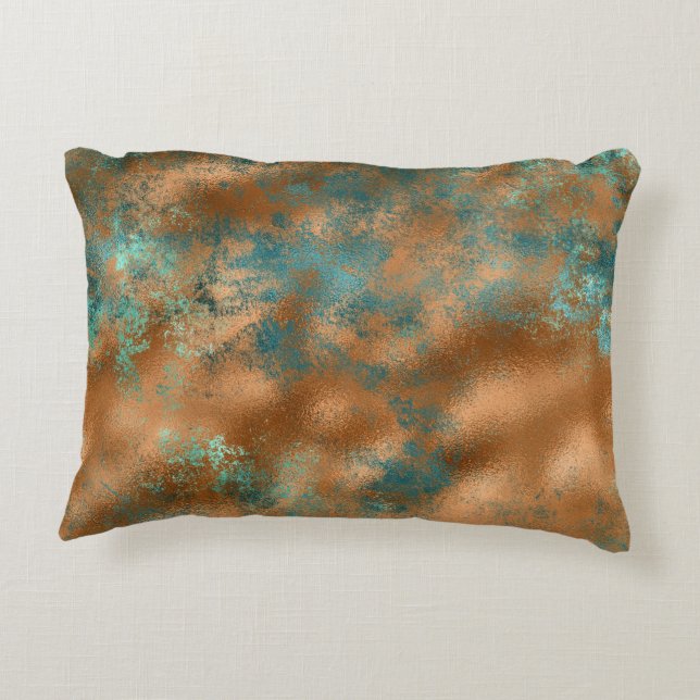 Teal brown faux copper patina inspired artsy  decorative cushion (Back)