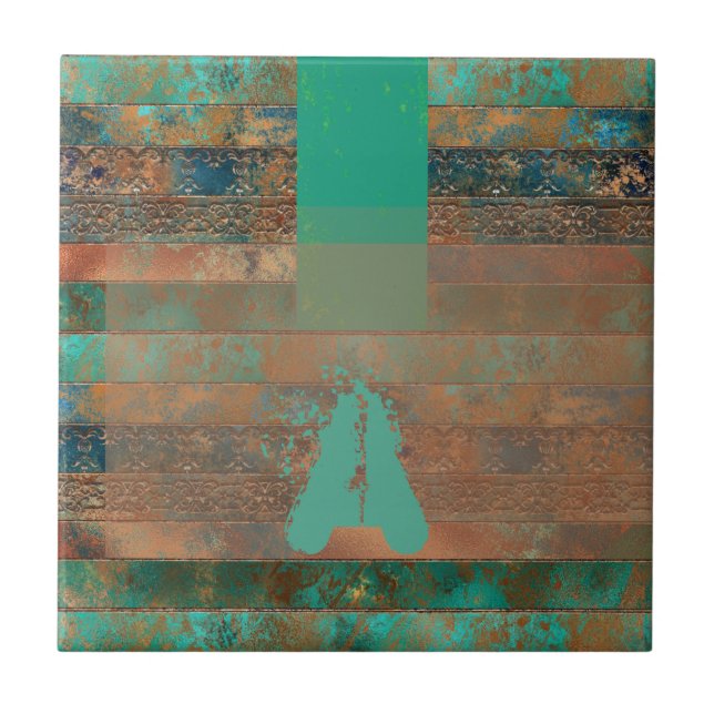 Teal brown faux copper patina inspired Industrial  Tile (Front)