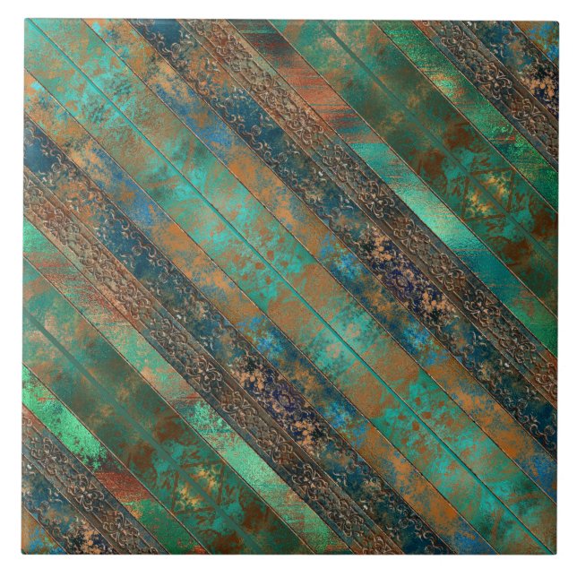 Teal brown faux copper patina inspired Industrial Tile (Front)