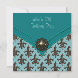 Teal Brown Fleur de Lis 40th Birthday Party Invitation