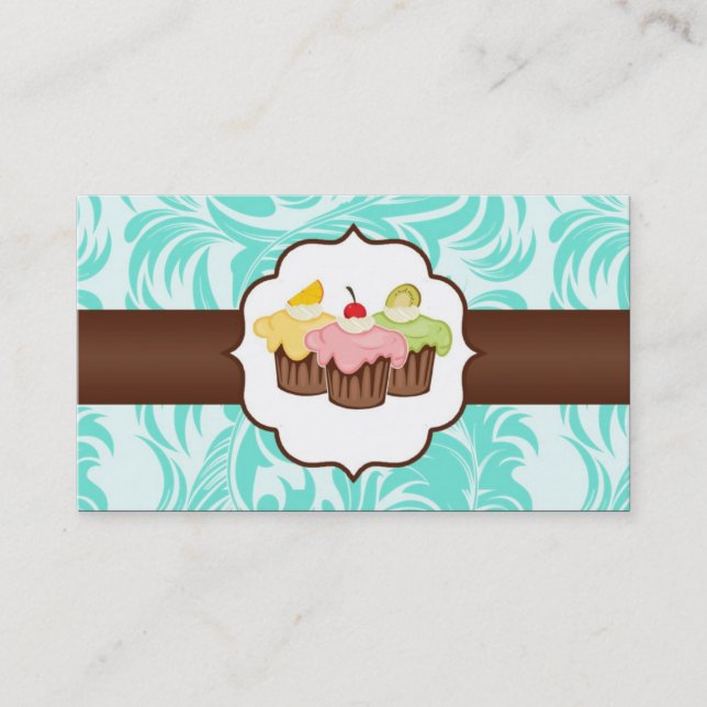 Teal & Brown Floral Cup Cake Bakery Business Card (Front)