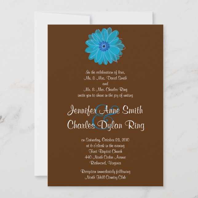 Teal & Brown Gerber Daisy Wedding Invitation (Front)