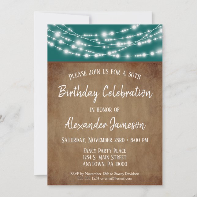 Teal Brown Lights Birthday Party Invitation Adult (Front)