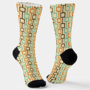Teal Brown Orange Retro Geometric Pattern Socks