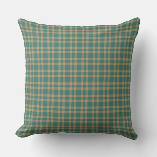 Teal Brown Plaid Pattern Cushion (Front)