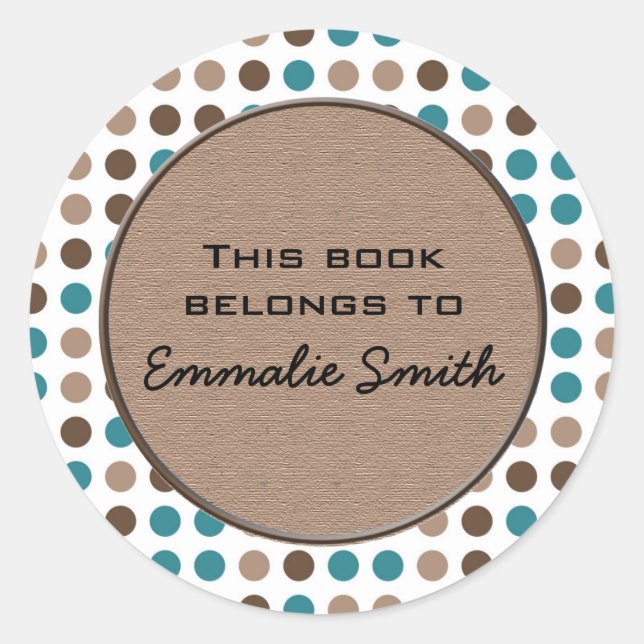 Teal Brown Polka Dot Book Name Sticker (Front)