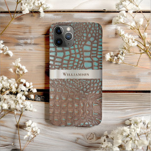 Teal Brown Reptile Digital Leather Titanium Metal iPhone 11 Pro Case