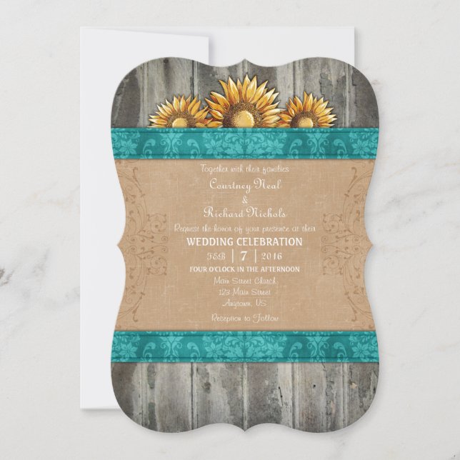 Teal Brown Rustic Sunflower Wedding Invite (Front)