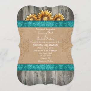 Teal Brown Rustic Sunflower Wedding Invite
