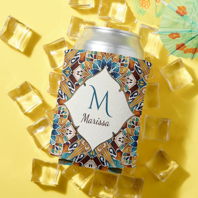 Teal brown talavera bridesmaids gifts monogrammed can cooler (In Situ Summer)