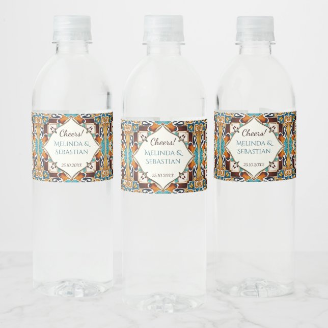 Teal brown talavera bridesmaids gifts monogrammed water bottle label (Bottles)