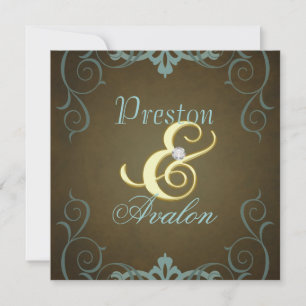 Teal & Brown Texture Gold Scroll Invitation