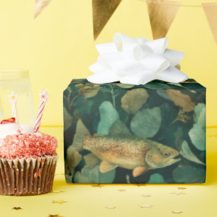Teal Brown Trout Underwater Botanical Wrapping Paper