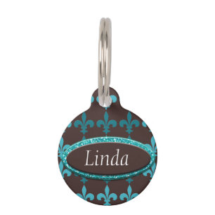 Teal & Brown Winter Fleur De Lis Monogram Pet Tag