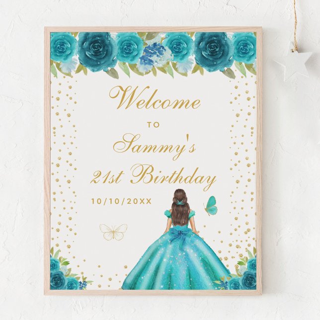 Teal Brunette Hair Girl Birthday Party Welcome Poster (Creator Uploaded)