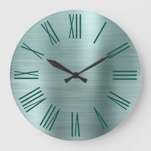 Teal Brushed Foil Dark Turquoise Roman Numerals Large Clock