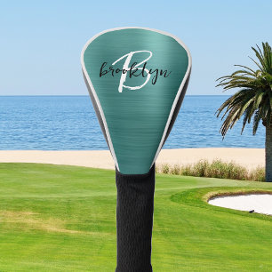 Teal Brushed Metal Black White Script Monogram  Golf Head Cover