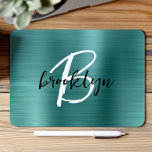 Teal Brushed Metal Black White Script Monogram  Mouse Mat<br><div class="desc">This elegant personalised mouse pad features a monogram and first name in modern black and white script on a trendy teal brushed metal background.</div>