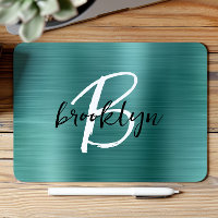 Teal Brushed Metal Black White Script Monogram 