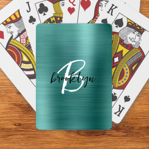 Teal Brushed Metal Black White Script Monogram Playing Cards